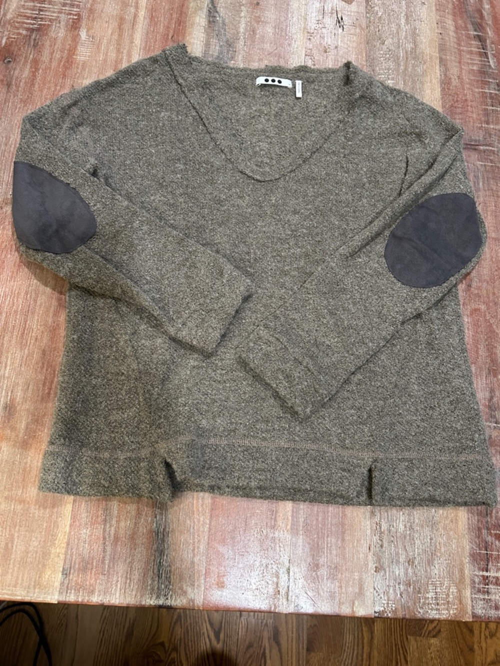 Three Dots Walnut V-Neck Sweater with Dark Elbow Patches